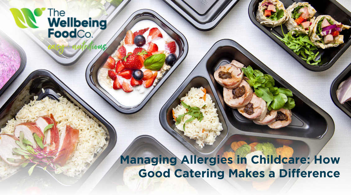 Childcare staff preparing allergy-aware meals with labeled ingredients and allergen-safe practices.