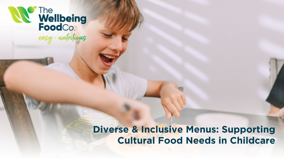 Children from diverse cultural backgrounds enjoying inclusive, nutritious meals in a childcare setting.