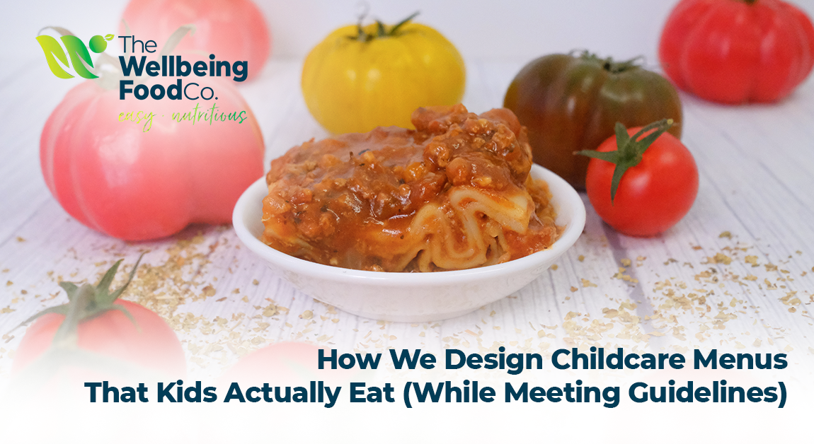Children seated around a childcare table enjoying a colourful, balanced meal together.