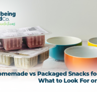 Parent and toddler comparing homemade fruit and veggie snacks with packaged toddler snacks.