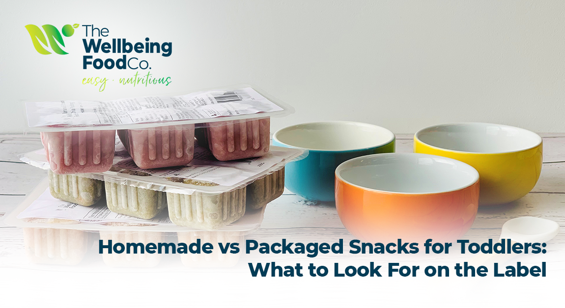 Parent and toddler comparing homemade fruit and veggie snacks with packaged toddler snacks.